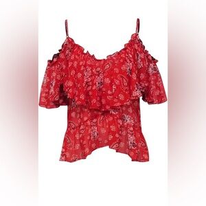 MISA Los Angeles - Red Paisley Cold Shoulder Ruffled Blouse